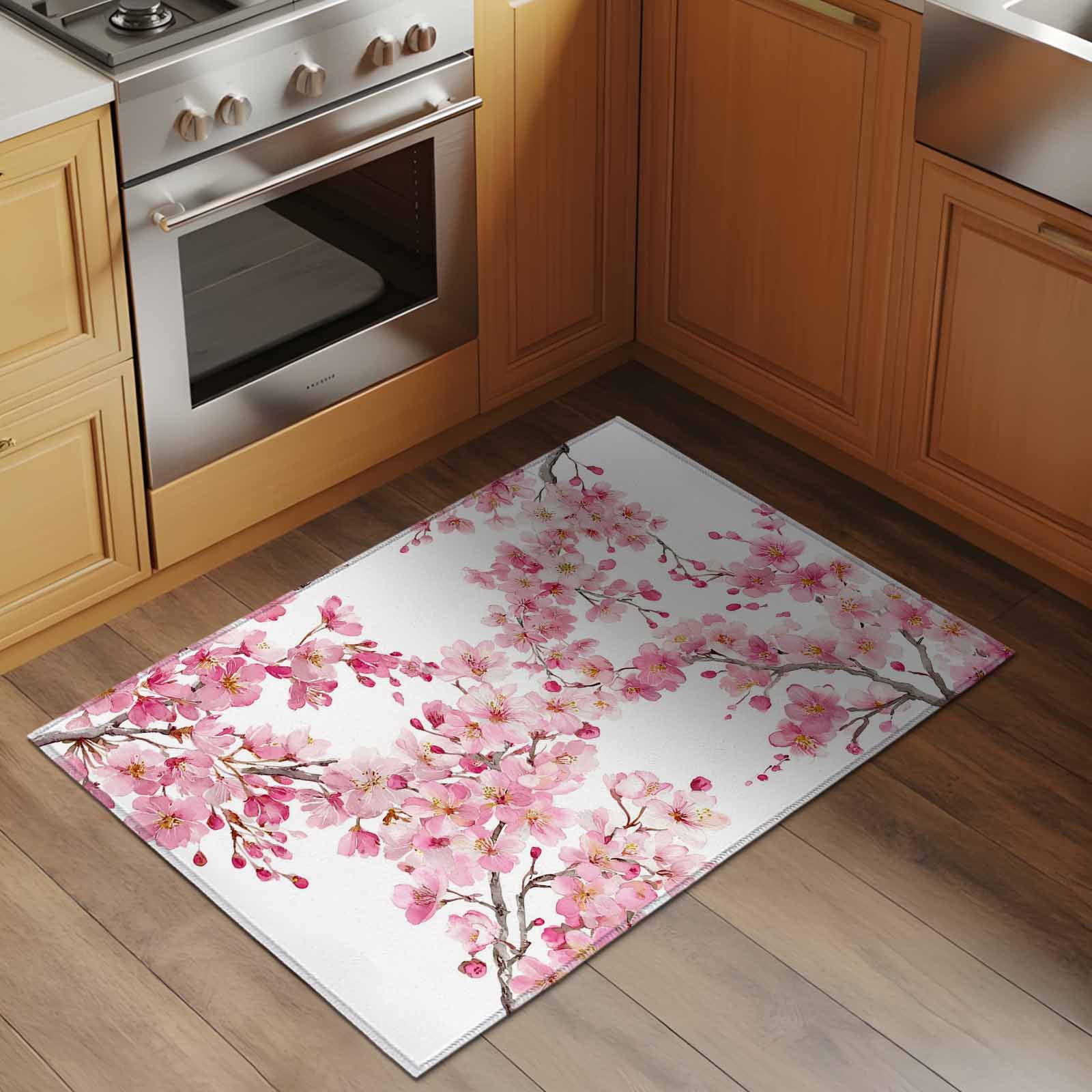 Spring Peach Flowers Entryway Rug 2'x3'&nbsp; Non Slip Front Door Mats, Pink Botanical Floral Leaves Branch Entrance Rugs Indoor Outdoor Carpet, Washable Floor Mats Small Area Rug for Bedroom Kitchen