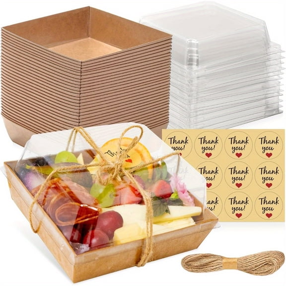 50 Pack Small Charcuterie Boxes with Clear Lids - To Go Paper Mini Charcuterie Box, Disposable Food Containers, 5Inch Dessert Boxes - Sandwich, Cookie, Sushi, Cake Slice, Strawberries (Brown)