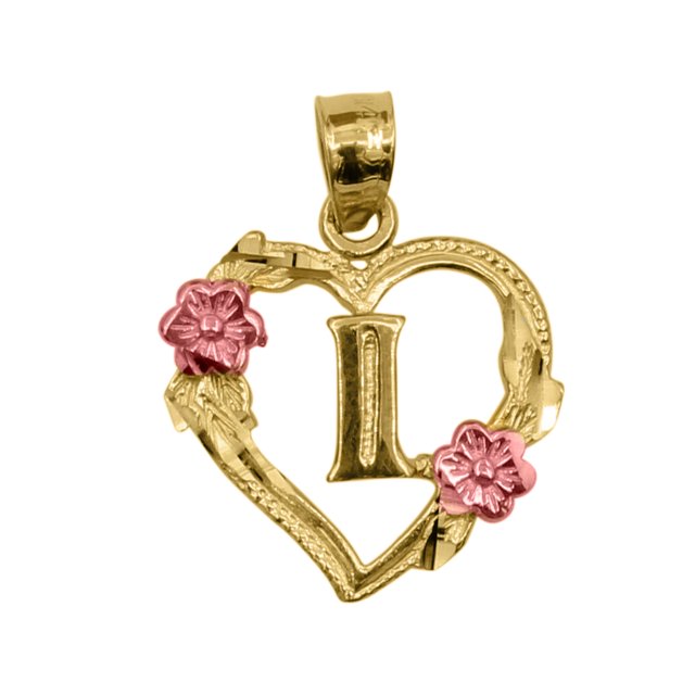 Precious Stars 14k Two-tone Gold Flower and Heart-shaped Initial 'L' Pendant