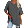 thumbnail image 2 of Fesfesfes Tshirts Shirts for Women's New Solid Loose Half Sleeve V-Neck Cotton Waist Short Sleeve V-Neck Tops Going Out Tops for Women 6(M), 2 of 7