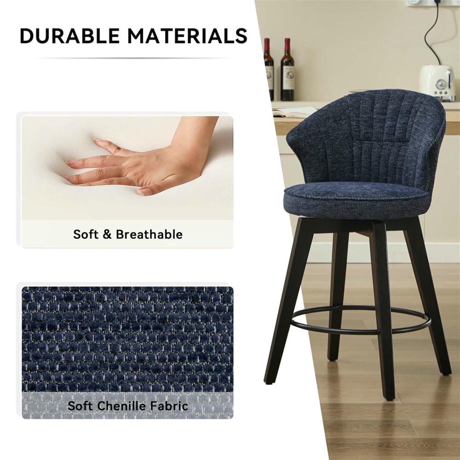 Demi Bonn 36" Counter Height Bar Stools Set of 2, Swivel Barstools with Back, Chenille Upholstered, Kitchen Island Countertop Chairs for Dining Room, Blue