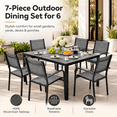 thumbnail image 2 of Outdoor Dining Table & Chairs, Patio Dining Sets with 6 Stackable Textilene Armchairs, All-Weather Plastic Furniture Dining Set Steel Frame and Wood Grain Top Table, 2 of 9