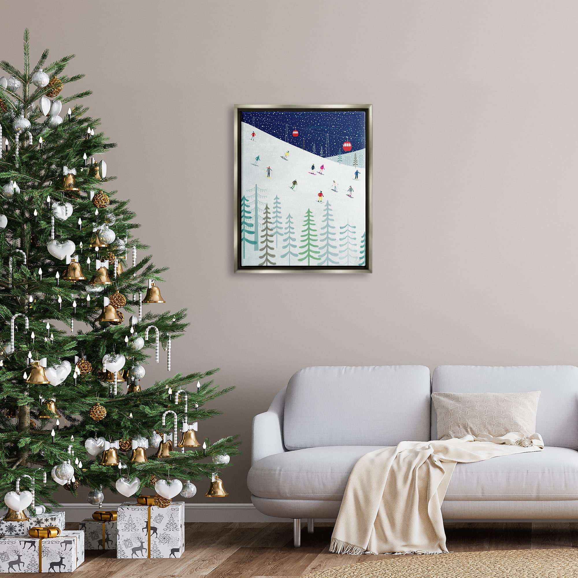 Stupell Industries Skiing Night Sky Winter Slopes Holiday Painting Gray Floater Framed Art Print Wall Art