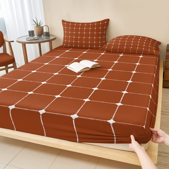King Size Fitted Sheet Set - Red Brown Gingham 3 Piece Bedding Sets 16" Deep Pocket Fitted Sheet with 2 Pillowcases, Modern Minimalist Geometric Plaid Brushed Microfiber Hotel Luxury Bed Sheets