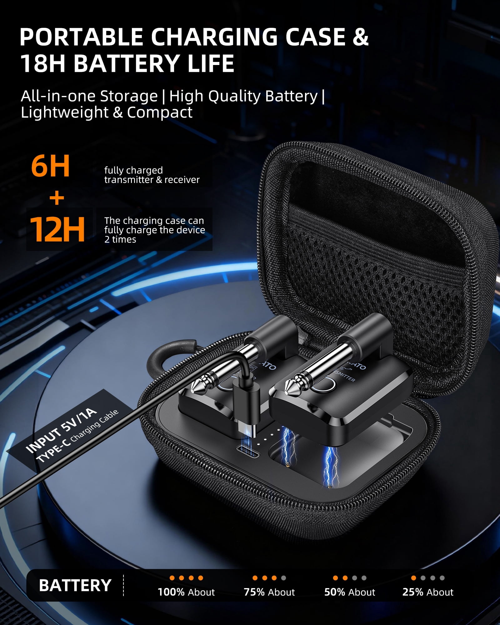 LEKATO WS-300 Wireless Guitar System with Charging Case 2.4 GHz Rechargeable Audio Wireless Guitar Transmitter Receiver High Fidelity Sound for Guitar Bass and Keyboard