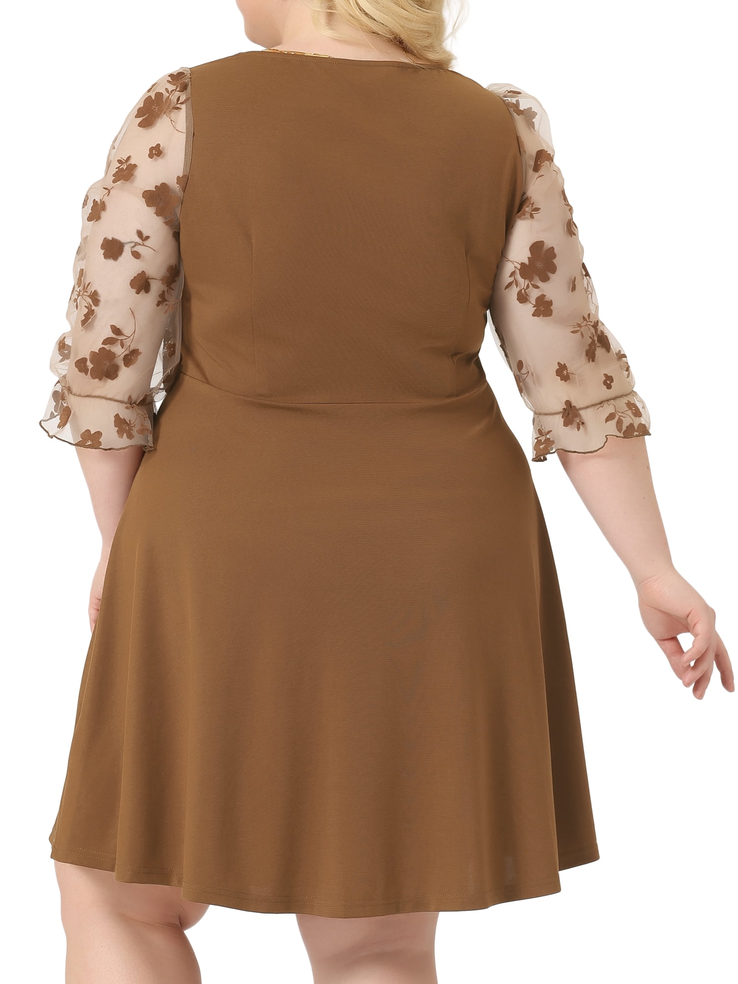 DARING DIVA Plus Size Square Neck Sheer Ruffle Flowy A-Line Midi Dress 4X Brown