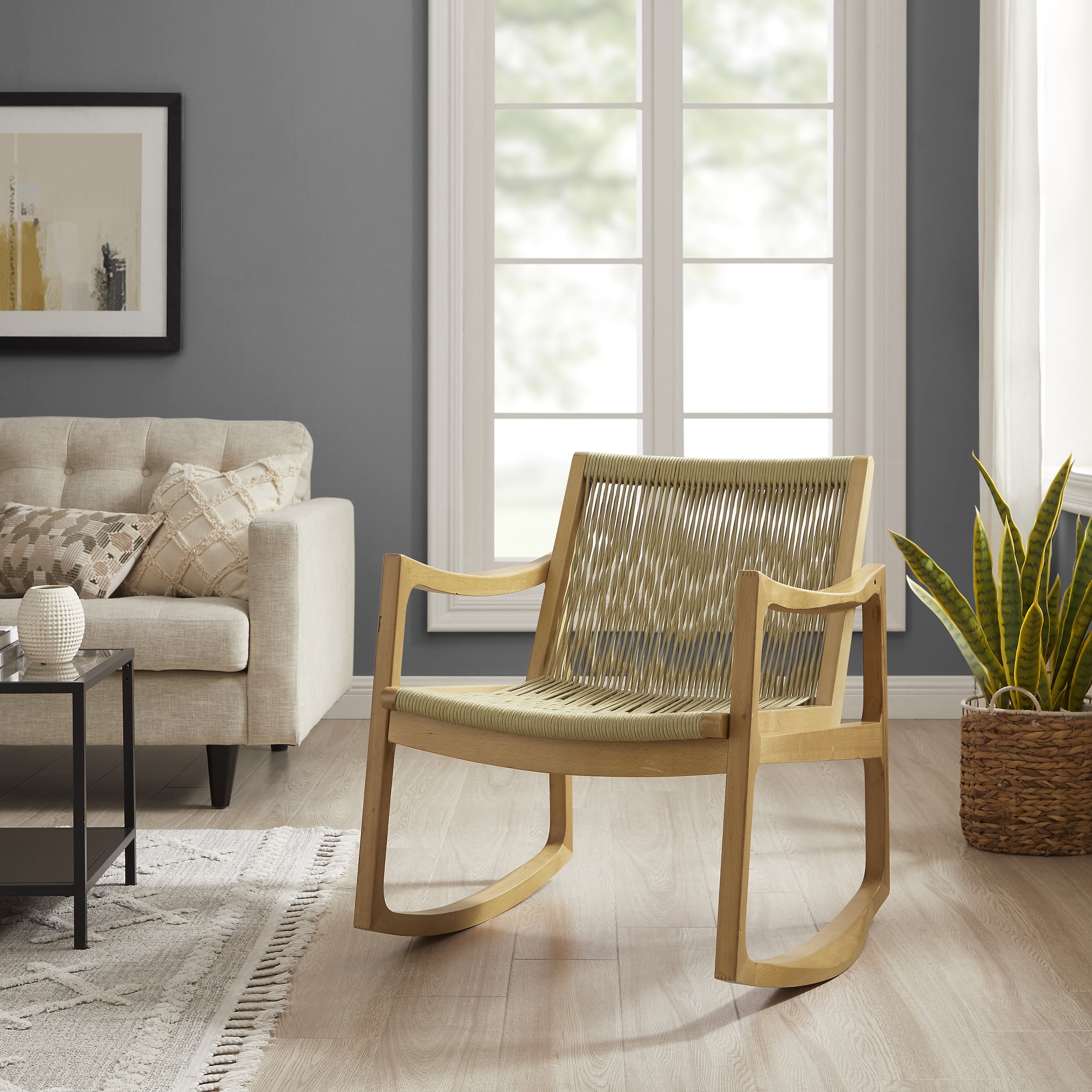 Powell Quinlan Boho Woven Rope Indoor Rocking Chair, Natural