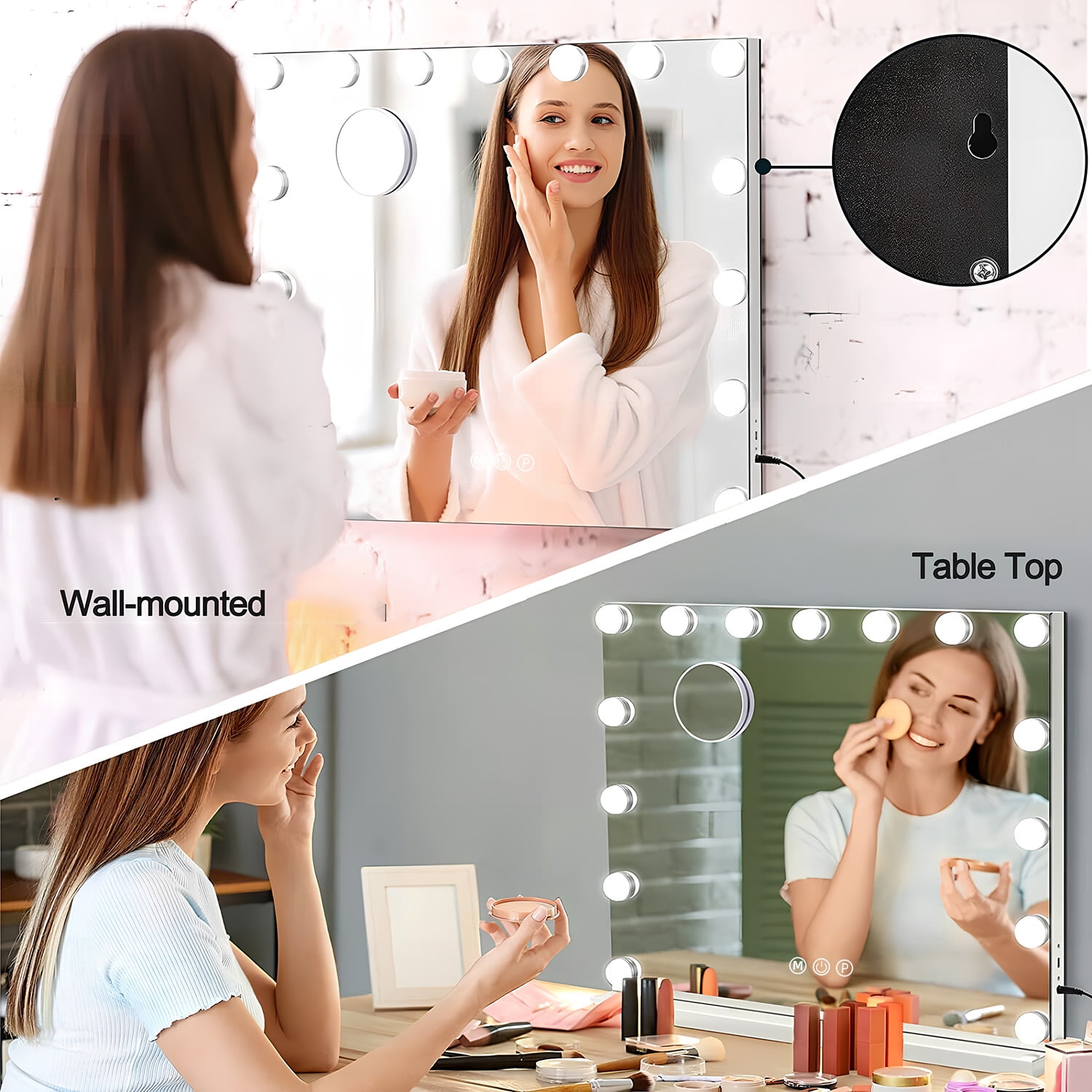 Vanity Mirror with Lights, 22''x18'' Hollywood Makeup Mirror with 15 Dimmable LED Bulbs, 3 Color Modes, USB Charging Port and 10X Magnification, White