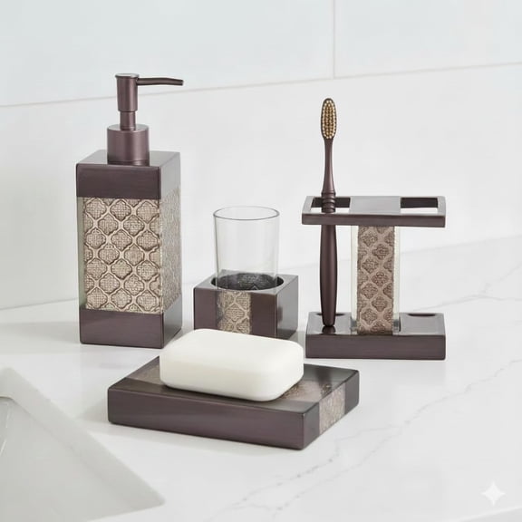 Dahlia 4-Piece Brown Bathroom Accessories Set - Luxury Resin Bath Decor Includes Soap Dispenser, Toothbrush Holder, Tumbler & Soap Dish