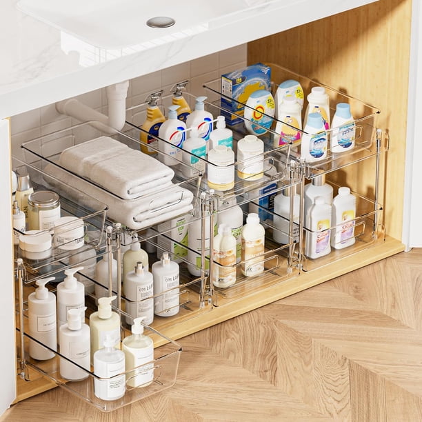 Organizador de almacenamiento para baño, paquete de 4, organizadores transparentes de 2 niveles debajo del fregadero, contenedor de almacenamiento para encimera de tocador, cajones para botiquín,