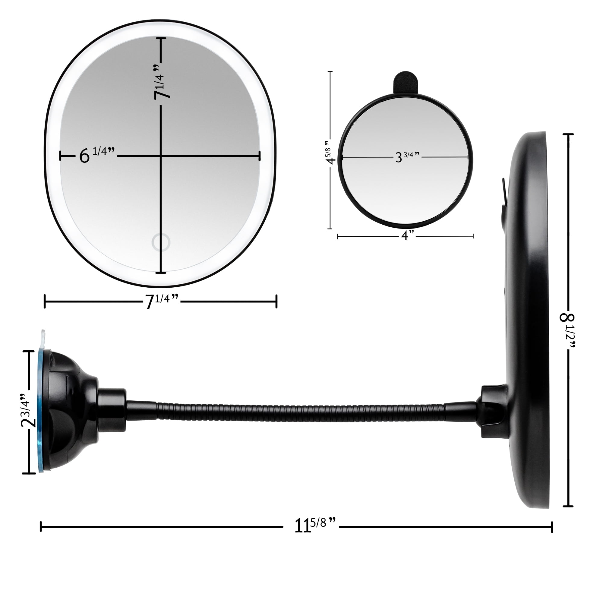 Ovente 8.5'' Lighted Makeup Mirror, Rechargeable Swivel Gooseneck with Attachable Suction Cup Mount, 10X Magnetic Mini Magnifier, Dimmable LED, for Bathroom, Home & Travel, USB Powered, Black MOW22B