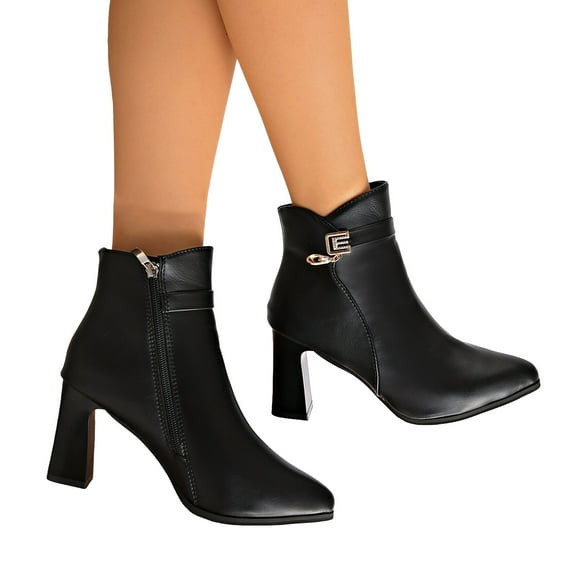 Rokment Women's Winter Fall High Heel Dress Boots Glitter Rhinestones Leather Pointed Toe Dressy Pumps Ankle Booties for Ladies