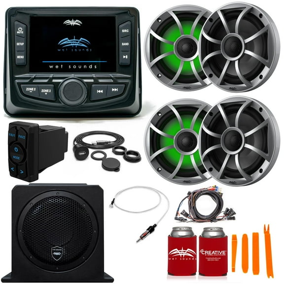 Wet Sounds Ultimate Golf Cart Audio Bundle, Radio, 4-RGB Silver Grill 6.5" Speakers, 10" powered sub, Wiring Kit