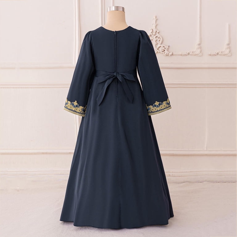 princess muslimah dress Tqyyweavej Girls Muslim Dresses Middle Eastern Banquet Long Sleeve Evening Princess Dress Exquisite Embroidered Crew-Neck Performance Dress 8-14y
