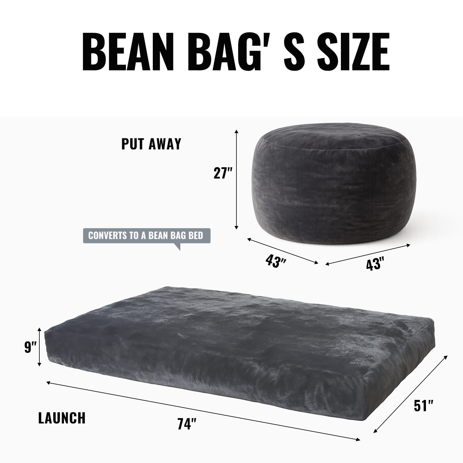 Bean Bag Chair,Convertible Bean Bag Chair Bed Giant Bean Bag Chairs for Adults Memory Foam Bean Bag Bed for Adults Bean Bags Chair that Turns into Bed