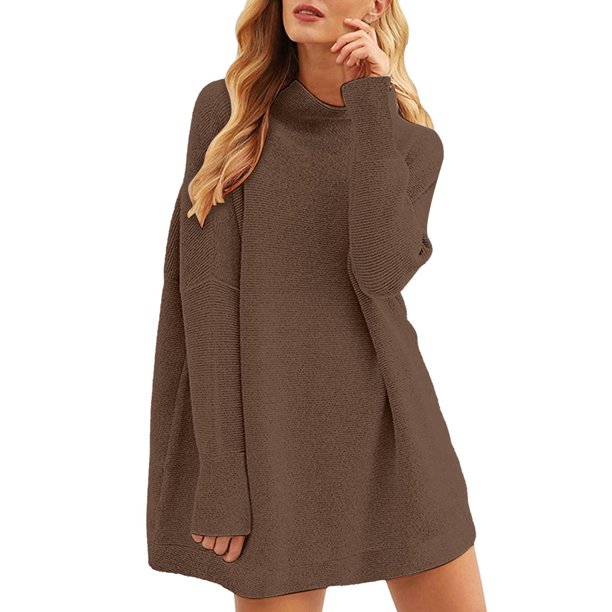 Gibobby Suéter de Punto Suéter suelto de cuello de otoño e invierno para mujer, suéter de punto de longitud media de Color sólido (Marrón, L)