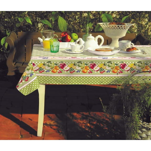 55 inch Square Printed Green Tablecloth with botanical and fruit print.