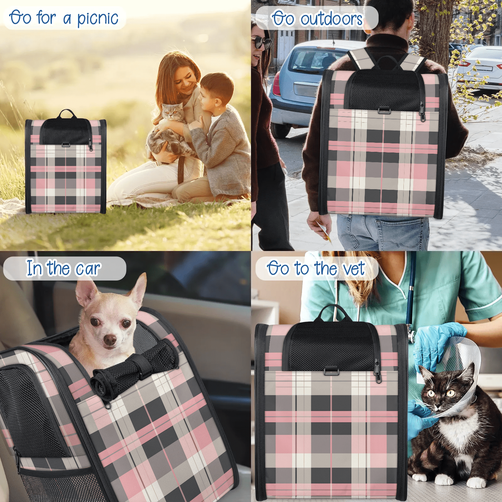 Breathable Cat Backpack Carrier for Small Cat & Dog up to 13 lb,Soft Sided Dog Backpack Carrier for Hiking, Walking, Travel,Pink Plaid Design