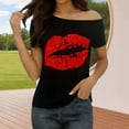 thumbnail image 2 of Women's Party Tops Off Shoulder Short Sleeve Stretch Knit Lip Print Shirt, 2 of 9