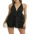 thumbnail image 1 of Robe Courte de Soirée à Paillettes pour Femmes, Aguichant, Dos Nu, Col Licou, Ourlet à Volants Brillant, Mini Robe Cocktail, Tenue de Boîte de Nuit d'Été, 1 of 6