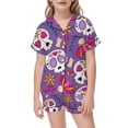 thumbnail image 4 of REDARER Girls 2 Piece Halloween Pajama Set Notch Collar Short Sleeve Button Top Matching Shorts Floral Skull Bird Print Casual Home Sleep Loungewear Outfit,11-12 Years, 4 of 5