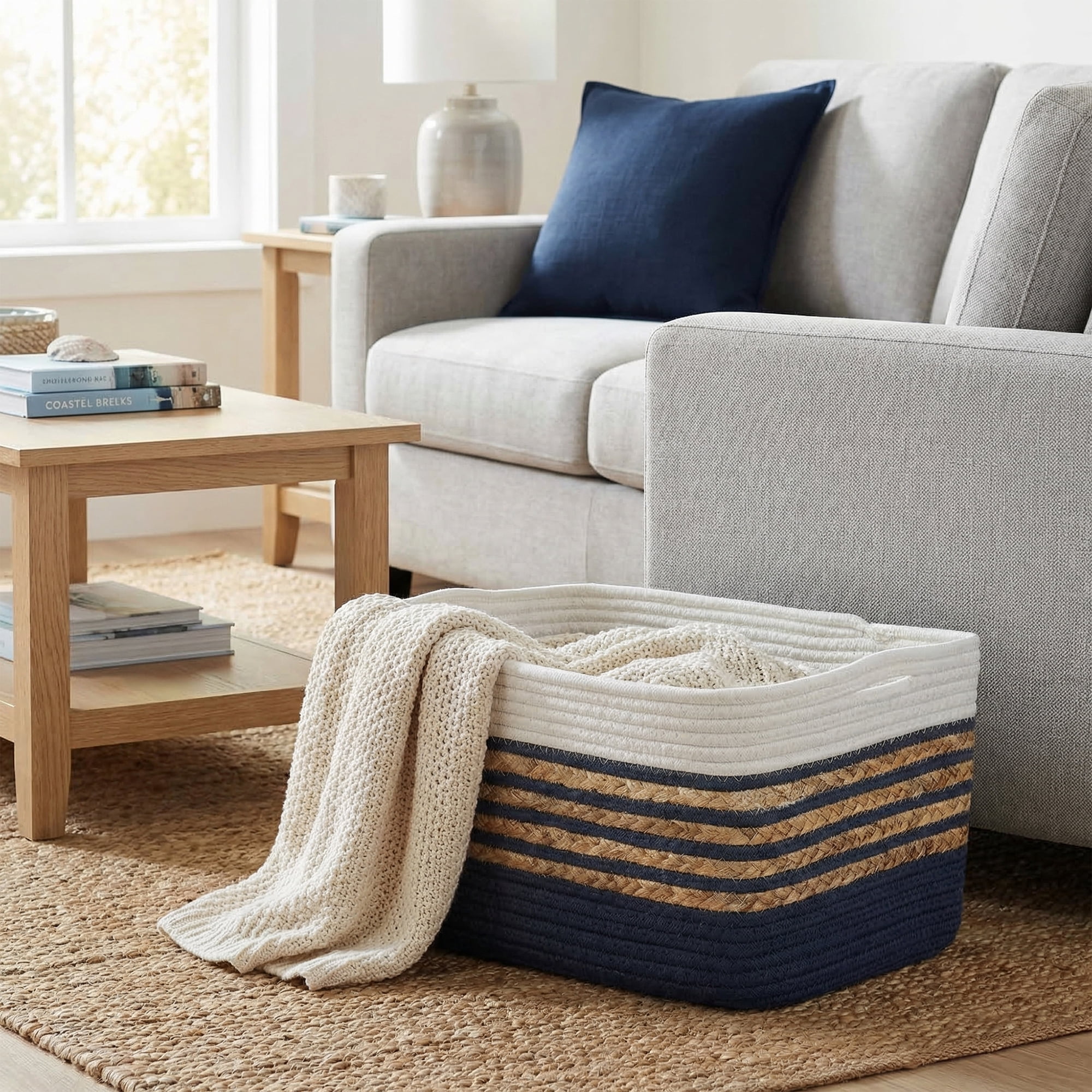 Unique Bargains Woven Storage Basket Storage Bin Blue White 18.9*11*9.1in