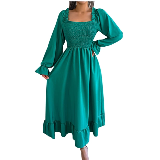 Long Sleeve Long Dress for Women Square Neck Solid Color Commuting Horn Long Sleeve Large Hem Ruffle Dress Boho Long Puff Sleeve A Line Maxi Dress