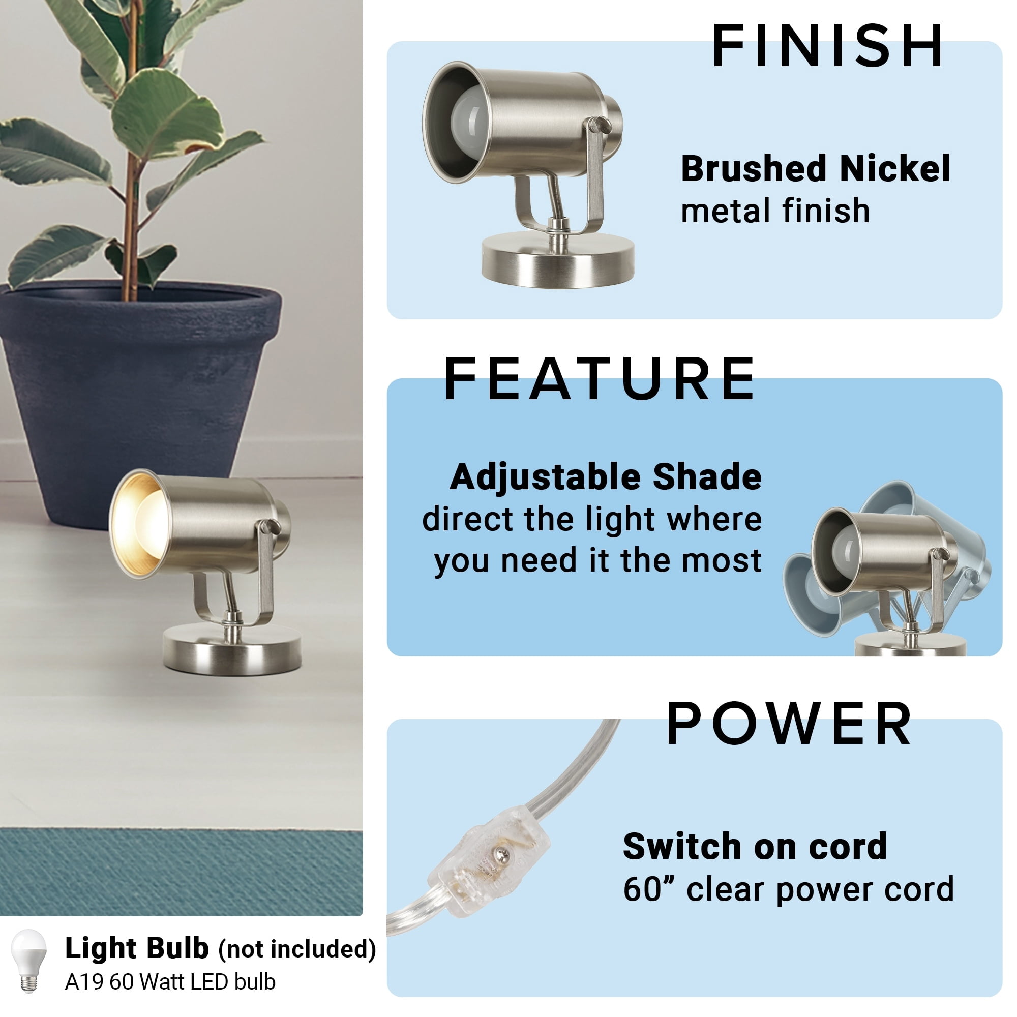 Catalina Lighting Multipurpose Spotlight 6.25'' Portable Desk Wall Mount Adjustable Accent Lamp Transitional Floor Light Fixture for Hallway, Desk, Living Room, Bedroom or Office, Brushed Nickel