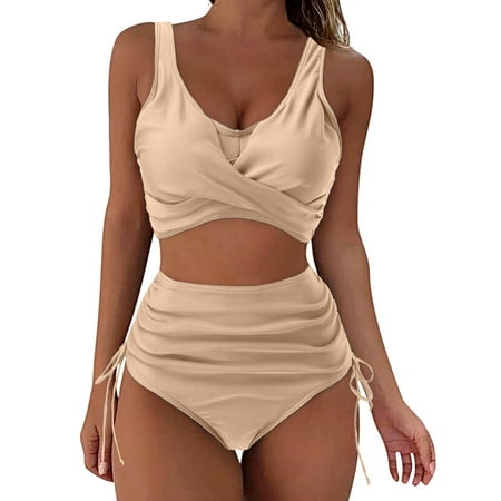 BUIgtTklOP Women s Bikini Set Clearancet with Built-In Bra Women s Sleeveless Solid Bikini Set Swimsuit Push-Up Padded Swimwear Swimsuit Beachwear