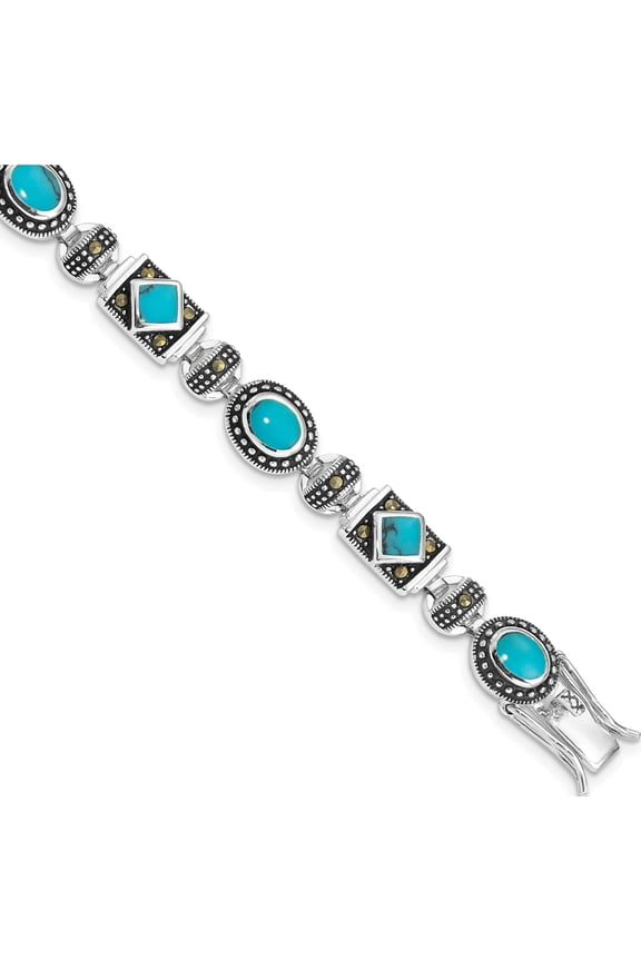 Sterling Silver Rhodium-Plated Synth Turquoise And Marcasite Bracelet Made In Thailand qh1035-7