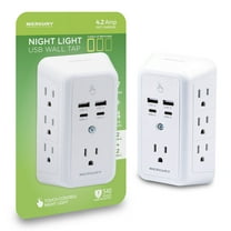 Merkury Innovations Wall Tap Night Light, 7 AC Outlets, 2 USB-A & 2 USB-C, 540J Surge, White