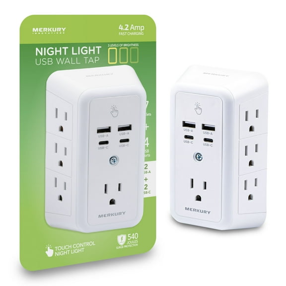 Merkury Innovations Wall Tap Night Light, 7 AC Outlets, 2 USB-A & 2 USB-C, 540J Surge, White