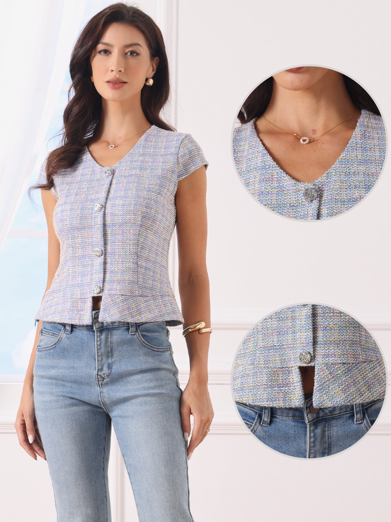 DARING DIVA Women's Tweed Top Cap Sleeve V Neck Trendy Cute 2026 Summer Tops L Blue