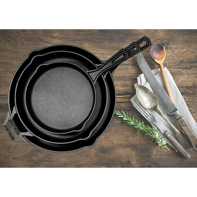 Bruntmor Pre-seasoned Cast Iron Frying Pan Set of 3 - 8, 10, and 12 Inches  - Nonstick Cookware with Side Drip Lips - Black - Grill Pan, Cast Iron Pan  Set, Braisers Pan 