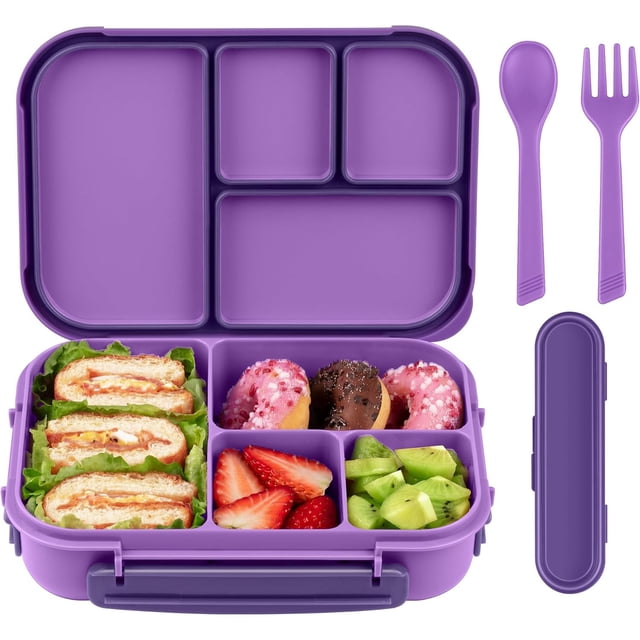 Tupper Para Lunch,Recipientes Para Lunch Box Kids,Bento Box Adulto,1200ML-4 Compartimentos Fiambrera con cubiertos,Apto Para Microondas,Lavaplatos,Libre De BPA (Morado)