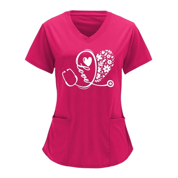 Summer Plus Size Tank Tops for Women V-neck Solid Color Overalls Partial Positioning Printing Short Sleeve Working Uniform Tops V Neck Tshirt Women on Clearance