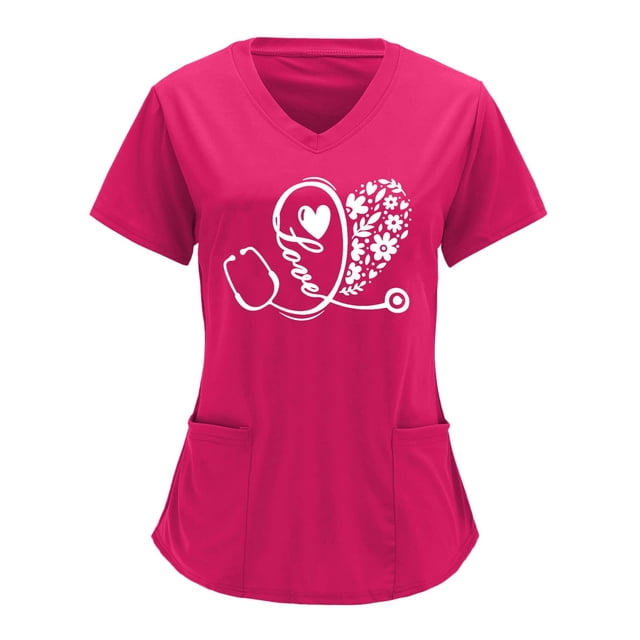 Monos de color sólido con cuello en V para mujer, camisetas de uniforme de trabajo de manga corta con estampado de posicionamiento parcial Pompotops hkajfhjk472380