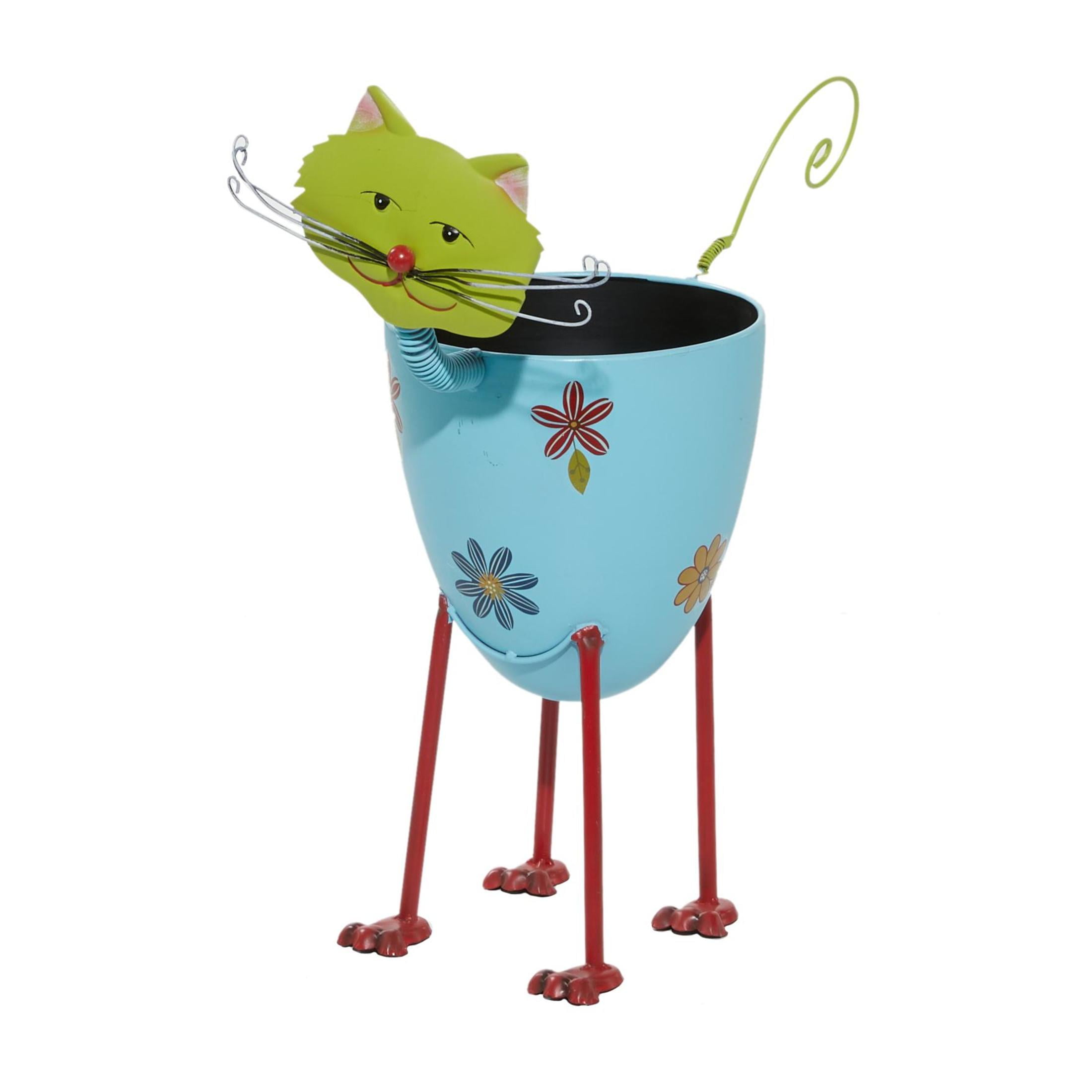 DecMode Blue Metal Cat Indoor Outdoor Planter with Flower Pattern, 16" x 8" x 19"