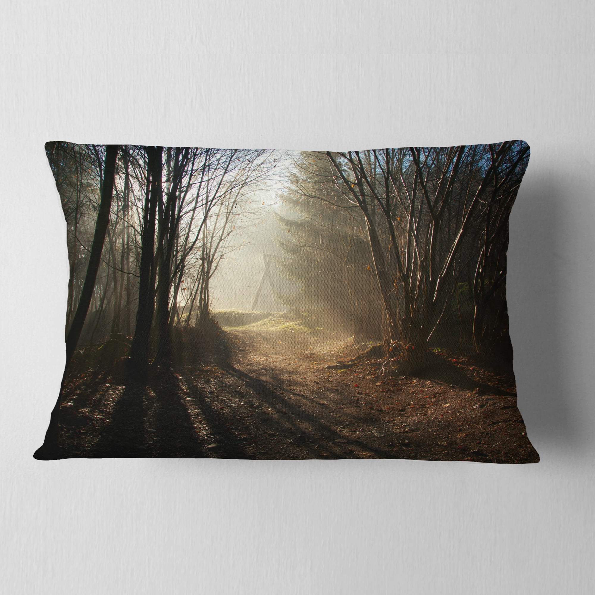 Designart Dark Path in Fall Foggy Forest - Landscape Photography Throw Pillow - 12x20