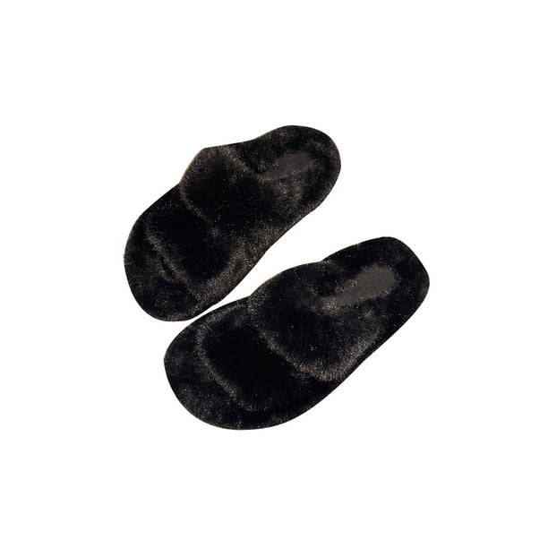 UKAP Ladies Fluffy Slides Slip On Fuzzy Slippers Flat House Slipper Bedroom Plush Slide Lightweight Black 5