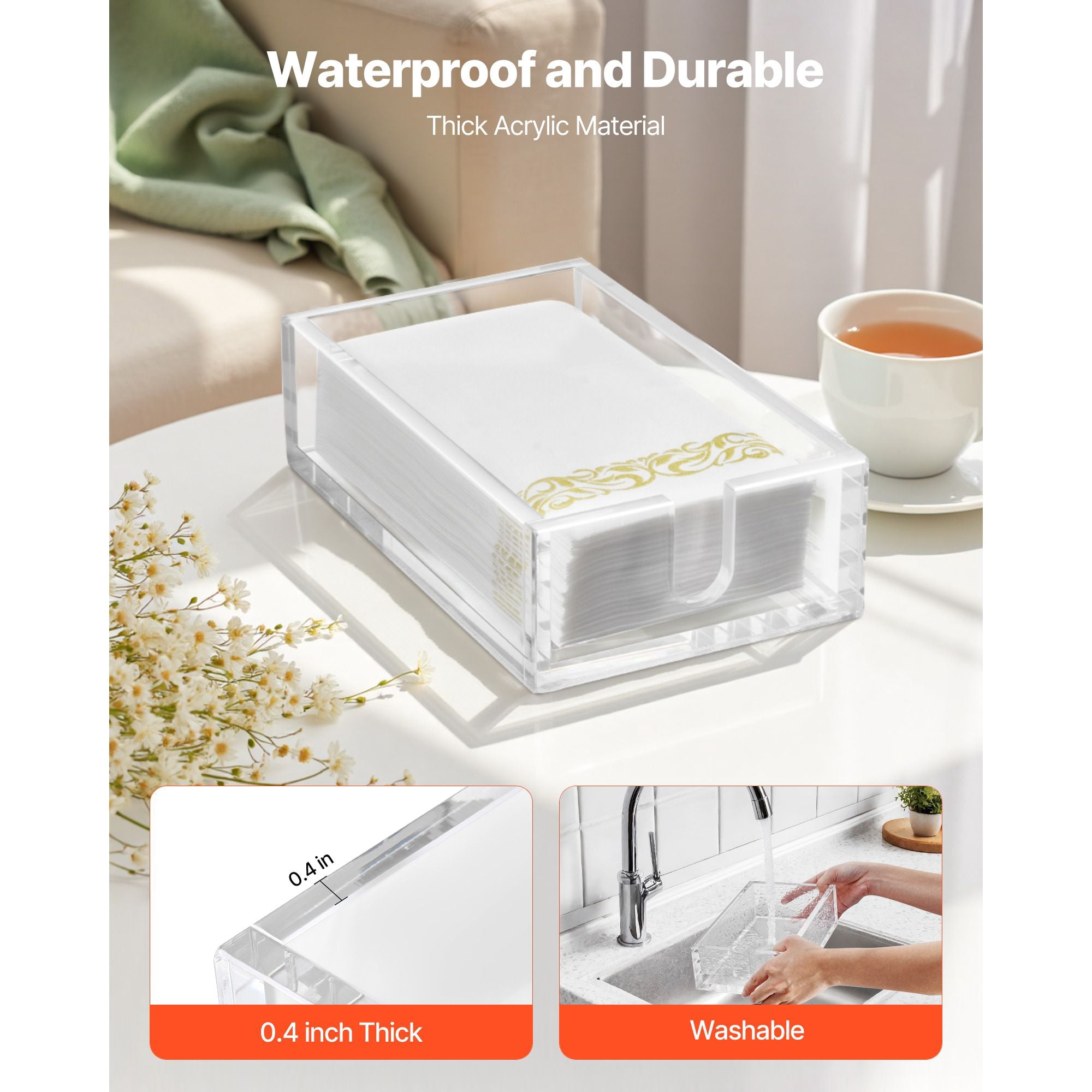 Acrylic Napkin Holder, 0.37 Inch Thickened Clear Acrylic, Large U-Shaped Side Opening, Smooth Rounded Corners, 9.1x5.5x2.6 Inch, Versatile for Bathroom and Restaurant