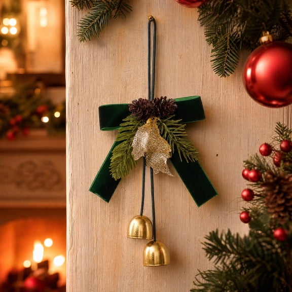 Christmas Green Bow Bell Ornament, Velvet Bow Pine Cone Hanging Ornament with Metal Bell for Christmas Tree Wreath Home Holiday Decoration,25x11.5cm