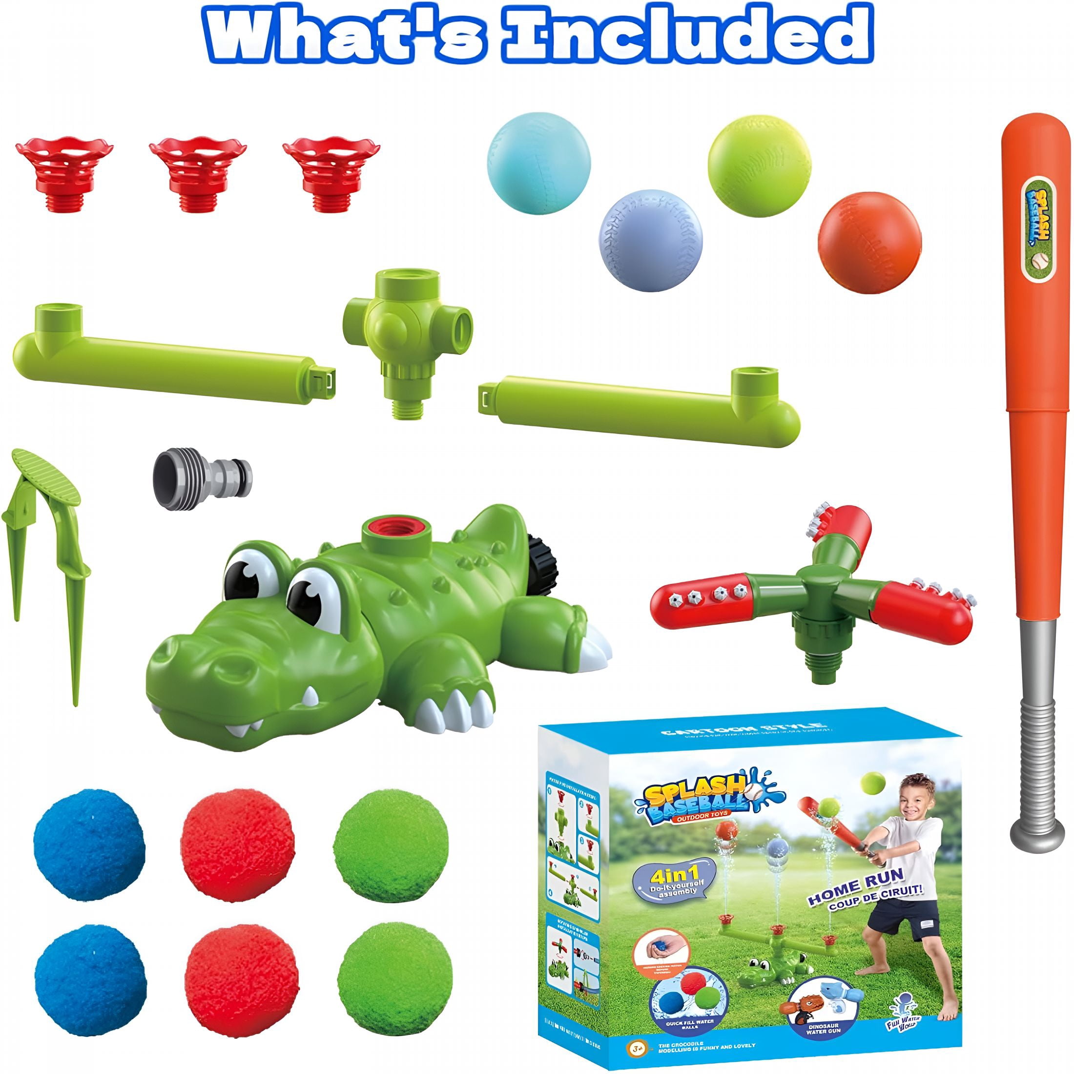 CYFW 4-In-1 Kids Water Sprinklers T Ball Set&Water Ball Toy,Crocodile Baseball Sprinkler for Backyard Outdoor Summer Toys for Boys Girls Outside Yard Water Game Toys for Kids Toddlers Ages 3-8