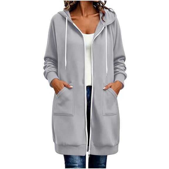 XPMWRP Women's Mid Length Zip Up Hooded Cardigan, Long Loose Fit Fleece Duster Coat with Side Pockets Gray L