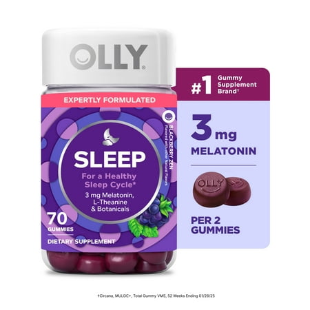 OLLY Sleep Gummy Supplement, 3mg Melatonin, L-Theanine, Chamomile, Blackberry Zen Flavor, 70 Count