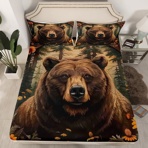 Erosebridal Brown Bear Fitted Sheet Queen, Jungle Wildlife Bedding Set Queen Size, 3pcs (No Top Sheet)