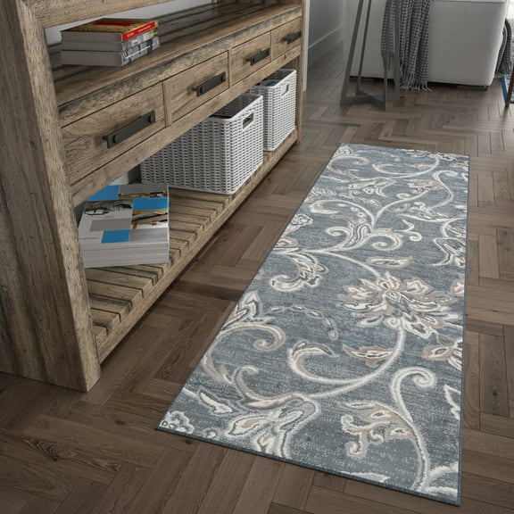Madison Transitional 2' x 7' Dark Gray and Cream Polypropylene Indoor Area Rug