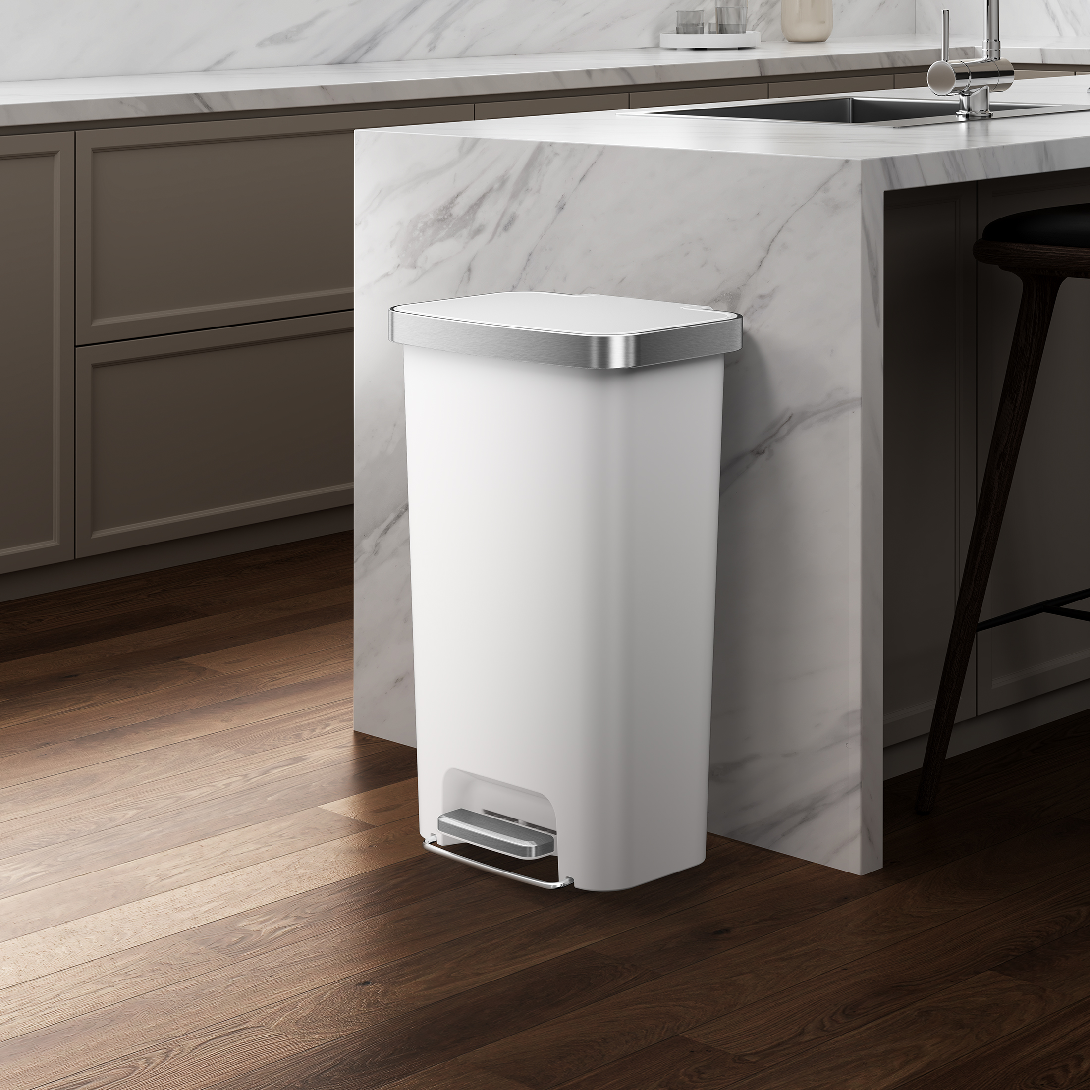 Better Homes & Gardens Kitchen Trash Can, 11.9 Gallon Plastic Step Garbage Bin with Soft Close Lid, White