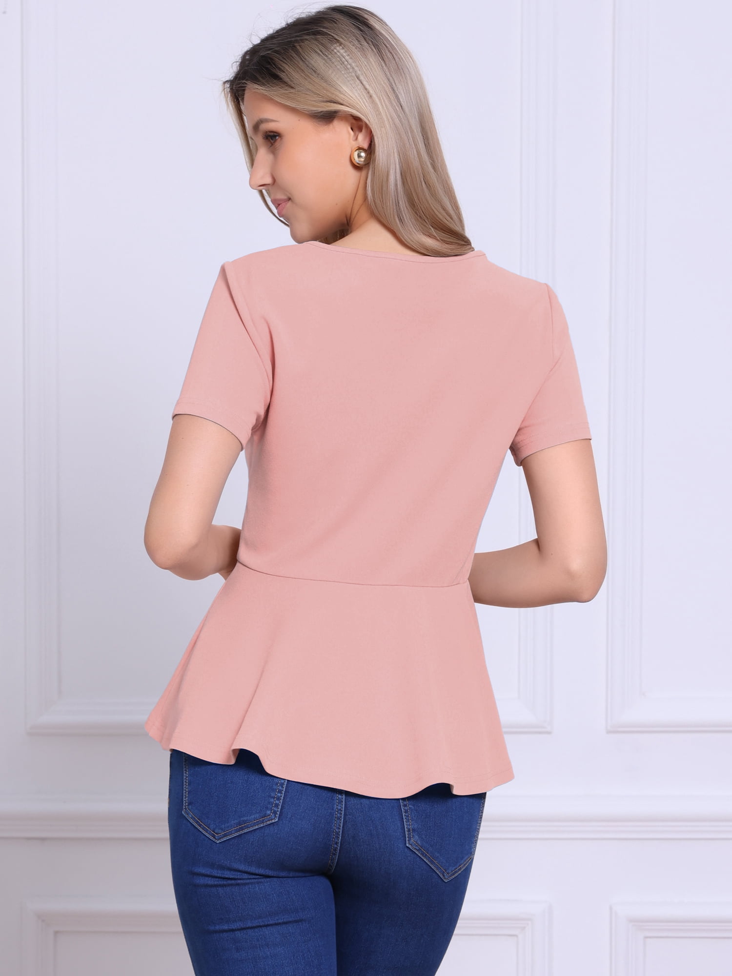 DARING DIVA Women's Peplum Tops Short Sleeve Crew Neck Blouse XL Pink