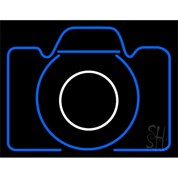Camera In Blue LED Neon Sign 15 x 19 - inches, Clear Edge Cut Acrylic Backing, with Dimmer - Bright and Premium built indoor LED Neon Sign for Computer & Electronics store decor.